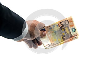 Hand of the businessman holding Banknotes euro money isolated on white background