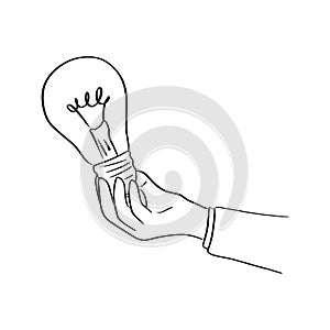 hand of businessman holding bulb light vector illustration sketch hand drawn with black lines isolated on white background