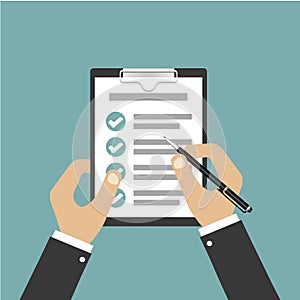 Hand of businessman holding clipboard with sheet of paper and pen. Modern style. Vector illustration. Green background