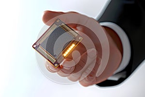 Hand of businessman holding electronic microprocessor chip. Presenting microchip with golden connectors, high-tech concept