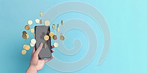 Hand of businessman holding mock up smartphone surrounded by golden coin on blue background. Generative AI
