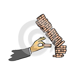 Hand of businessman make tower wooden block game falling vector