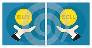 Hand of businessman, man throws coin. The situation is choice. The decision to buy or sell. Icon. Vector