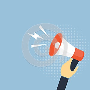 Hand businessman megaphone with copy space on blue background. Advertising through speakers. Vector illustration in flat