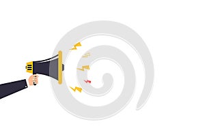 Hand businessman megaphone space on white background. Advertising through speakers, loudspeaker. Vector illustration in modern