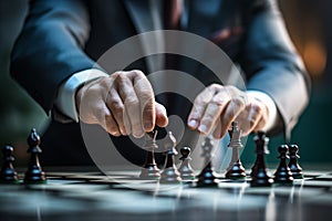 Hand of businessman moving chess figure in competition. By generative Ai