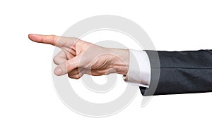 Hand of businessman is pointing left. Isolated on white background