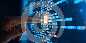 Hand of businessman pointing to glowing programming code on blue binary coding background. Concept image of software