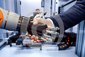 Hand of a businessman shaking hands with a Android robot