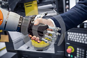 Hand of a businessman shaking hands with a Android robot