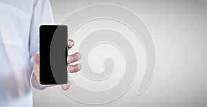 Hand businessman showing smartphone with blank screen, isolated on white background, copy space clipping path