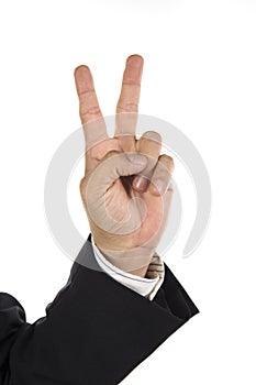 Hand and businessman showing two fingers