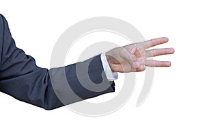 Hand of businessman in suit gestures isolated on transparent background.
