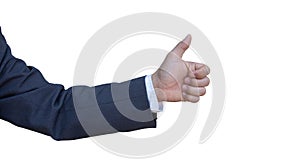 Hand of businessman with thumb symbolically everything ok. Hand isolated on transparent background.