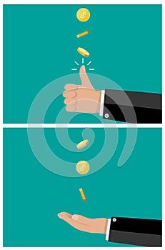 Hand of businessman tossing and catches a coin