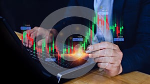 Hand of businessman or trader is touching growing virtual hologram stock, planning and strategy, Stock market, Business growth,