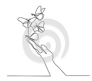 Hand with butterfly on finger. Continuous one line art