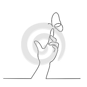 Hand with butterfly on finger. Line art drawing