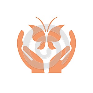 Hand Butterfly logo design. Spa logo with Hand concept vector. Hand and Butterfly logo design