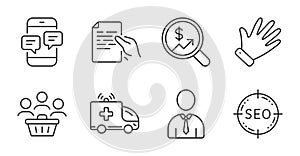 Hand, Buyers and Ambulance car icons set. Currency audit, Hold document and Seo signs. Vector