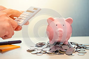 Hand Calculate Saving Money with Piggy bank