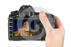 Hand with camera and Belem Tower - Lisbon Portugal my photo