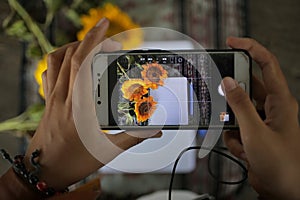 Hand with camera. Passion concept. Smartphone photographer at work. Capturing flat lay with cell phone