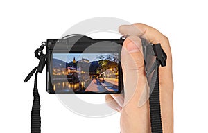 Hand with camera and Vianden castle in Luxembourg my photo