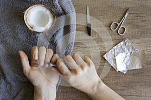 Hand care, home manicure. Spa treatment for hands. Beauty and spa concept.