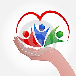 Hand care people with a heart shape logo icon vector