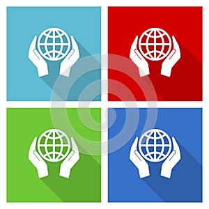 Hand care planet environment icon set, flat design vector illustration in eps 10 for webdesign and mobile applications in four