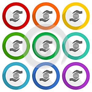 Hand care planet environment vector icons, set of colorful flat design buttons for webdesign and mobile applications