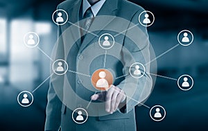 Hand carrying businessman icon network - HR,HRM,MLM, teamwork and leadership concept
