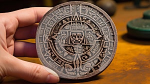 A hand-carved Aztec calendar stone. Generative AI