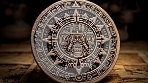 A hand-carved Aztec calendar stone. Generative AI