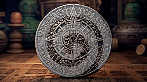 A hand-carved Aztec calendar stone. Generative AI