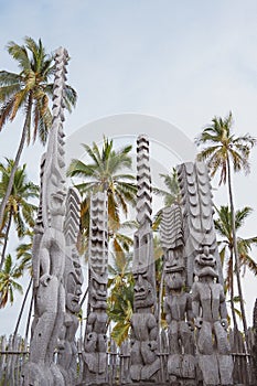 Hand carved wooden Hawaiian tiki statues in Hawaii