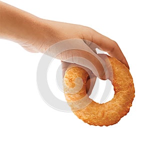 Hand catch fried shrimp donut isolated on white background