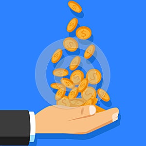 Hand catching falling gold coin on light background. Vector illustration.