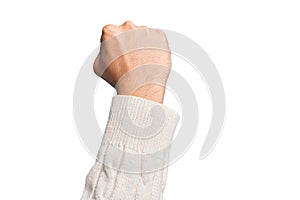 Hand of caucasian young man showing fingers over isolated white background doing protest and revolution gesture, fist expressing