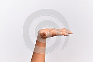 Hand of caucasian young woman with flat palm presenting product, offer and giving gesture, blank copy space