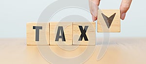 hand change wooden block with TAX text to UP and Down arrow icon. decrease and Increase, Taxpayer, Taxable Income, Tax Filing,