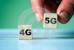 Hand change word 4g to 5g technology. Change concept. Future