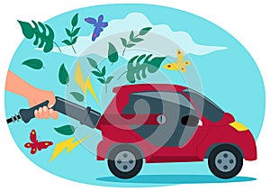 Hand charging an electric car, leaves and butterflies emerge from the cars exhaust photo