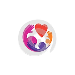Hand charity logo with family design template, love icon