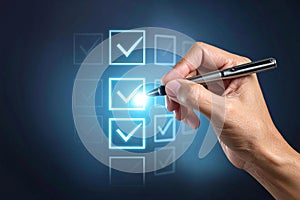 Hand checking digital checklist with pen in futuristic interface