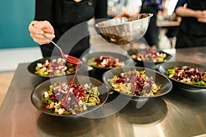 hand of chef skilfully adds red sauce to plates with salad