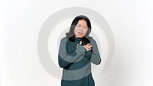 Hand on Chest Feeling Pain On Chest Of Beautiful Asian Woman Isolated On White Background