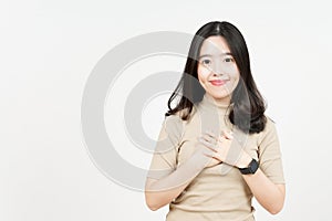 Hand on Chest Self Love Gesture  Of Beautiful Asian Woman Isolated On White Background