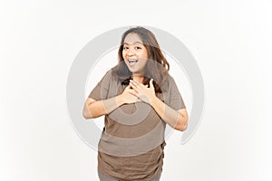 Hand on Chest Self Love Gesture of Beautiful Asian Woman Isolated On White Background